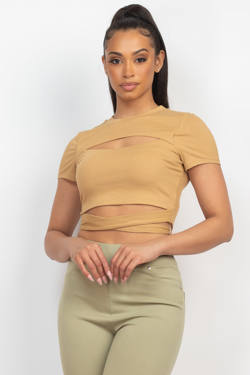 Women's Round Neck Crop Top T-Shirt Self-tie Ribbon Rib Front Cutout Tee Solid