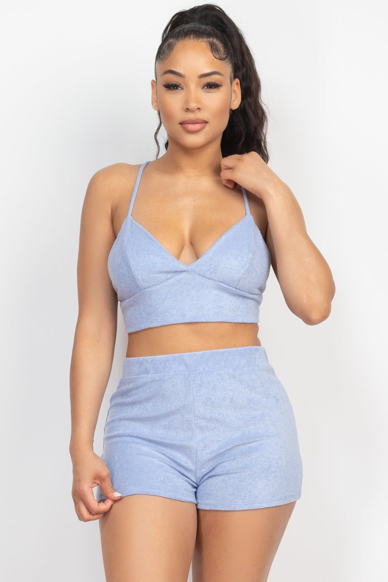 Women Terry Towel Bralette Crop Top & Mini Shorts Set Cami Back Crisscross Tank