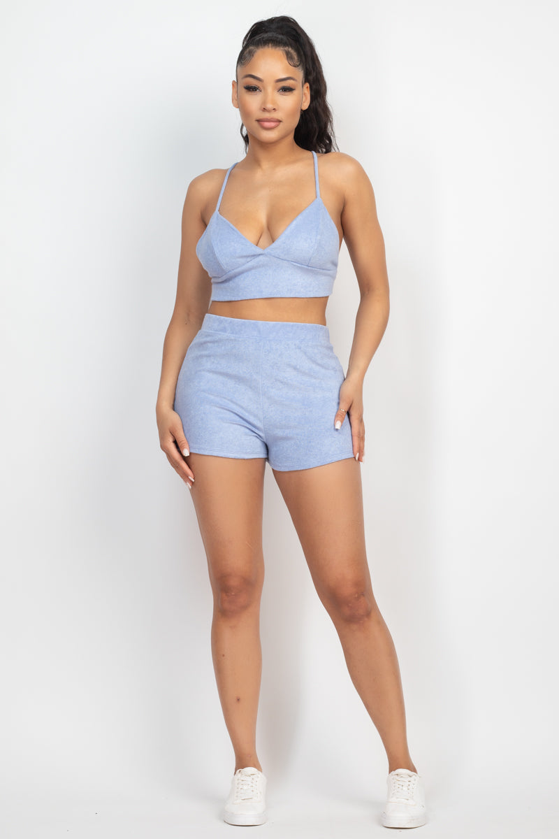 Women Terry Towel Bralette Crop Top & Mini Shorts Set Cami Back Crisscross Tank