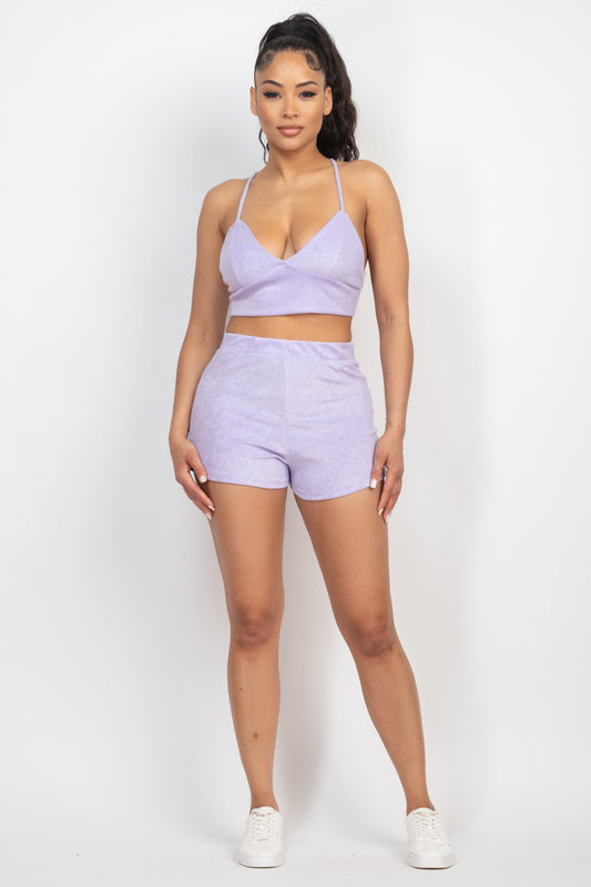 Women Terry Towel Bralette Crop Top & Mini Shorts Set Cami Back Crisscross Tank
