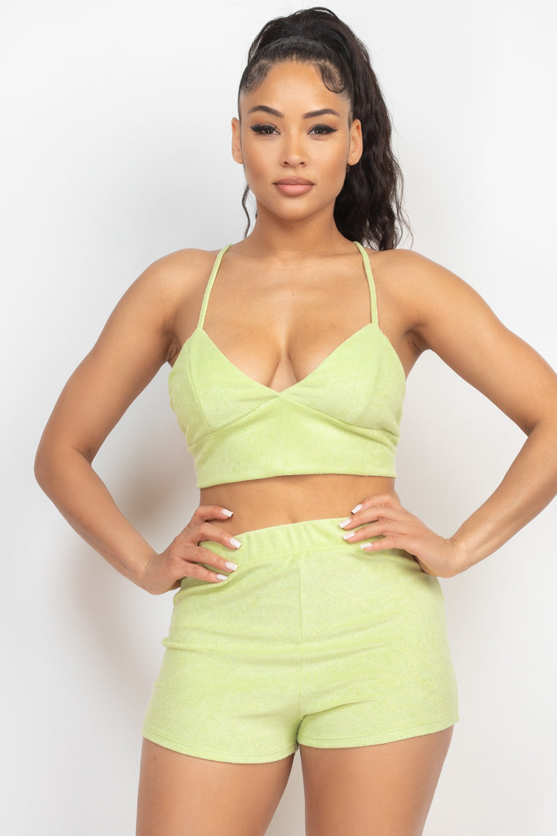 Women Terry Towel Bralette Crop Top & Mini Shorts Set Cami Back Crisscross Tank