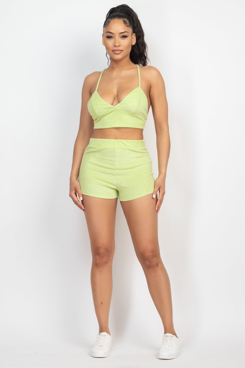 Women Terry Towel Bralette Crop Top & Mini Shorts Set Cami Back Crisscross Tank