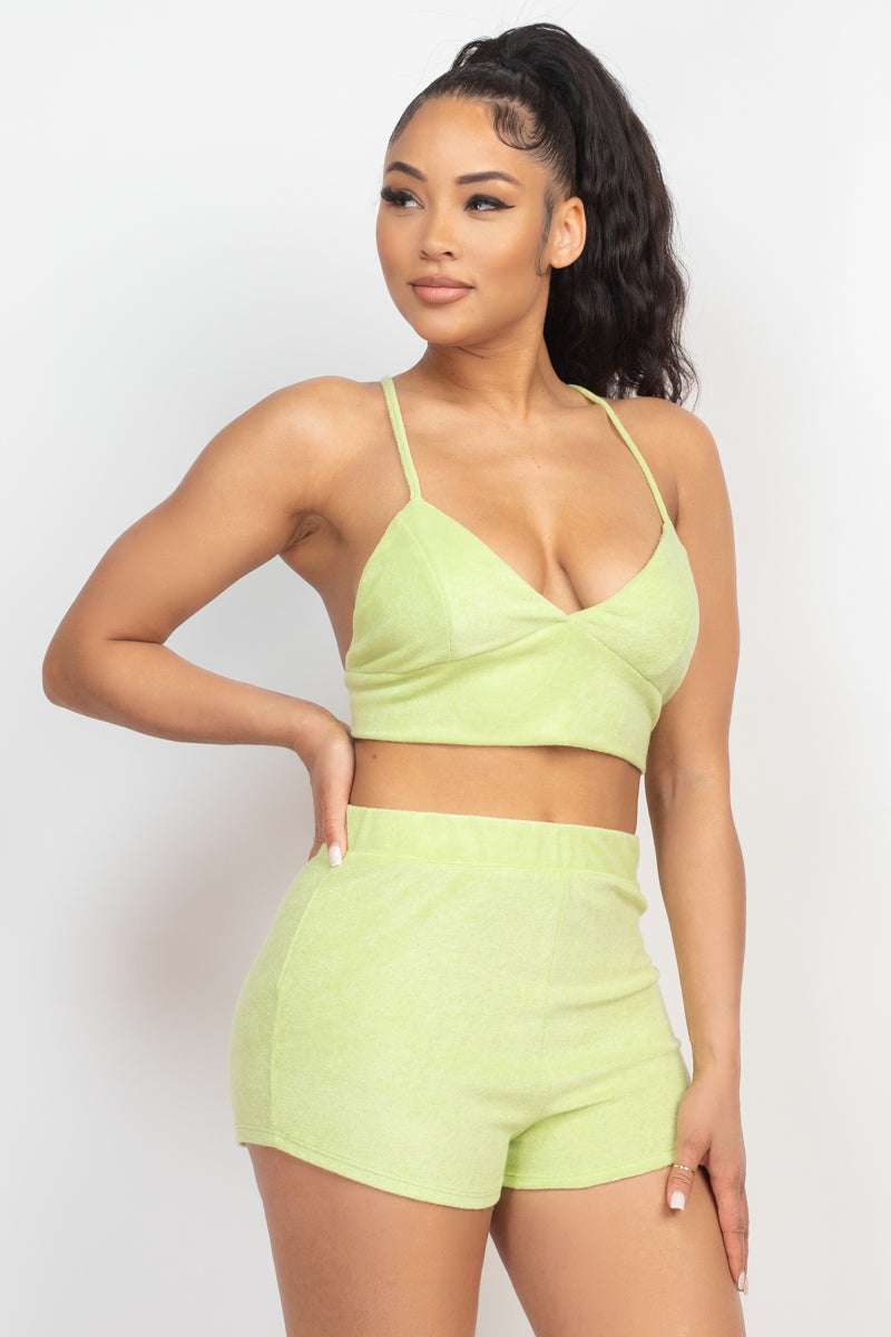 Women Terry Towel Bralette Crop Top & Mini Shorts Set Cami Back Crisscross Tank