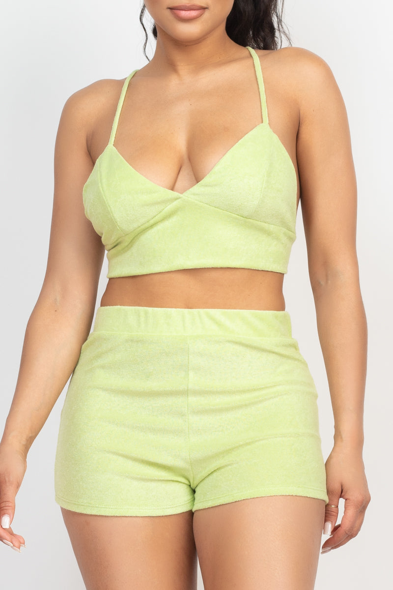 Women Terry Towel Bralette Crop Top & Mini Shorts Set Cami Back Crisscross Tank