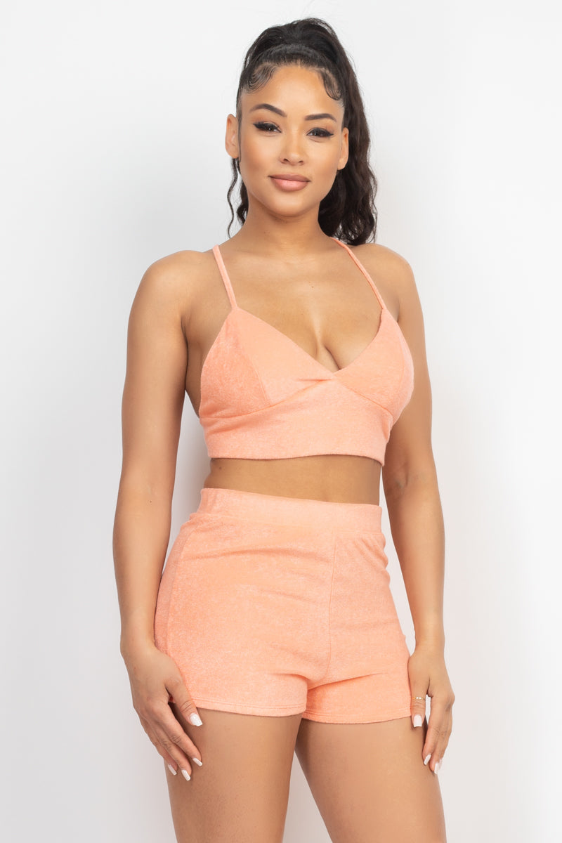 Women Terry Towel Bralette Crop Top & Mini Shorts Set Cami Back Crisscross Tank