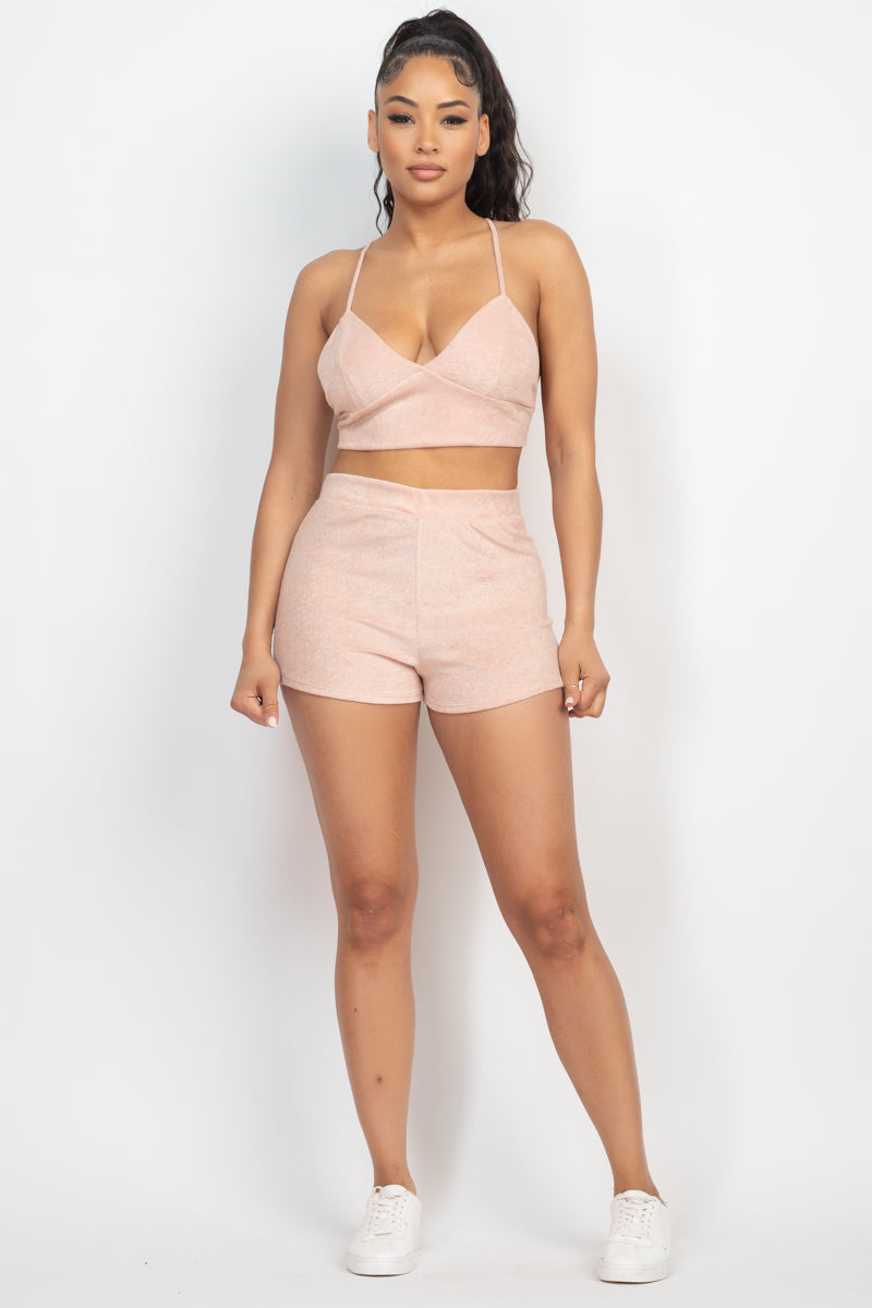 Women Terry Towel Bralette Crop Top & Mini Shorts Set Cami Back Crisscross Tank