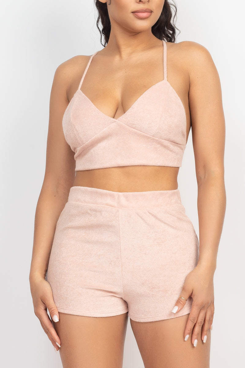 Women Terry Towel Bralette Crop Top & Mini Shorts Set Cami Back Crisscross Tank