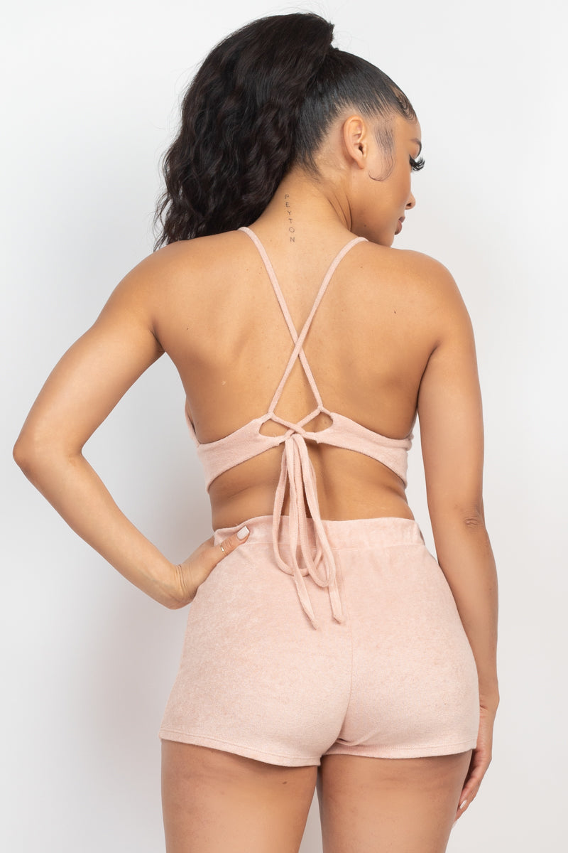 Women Terry Towel Bralette Crop Top & Mini Shorts Set Cami Back Crisscross Tank