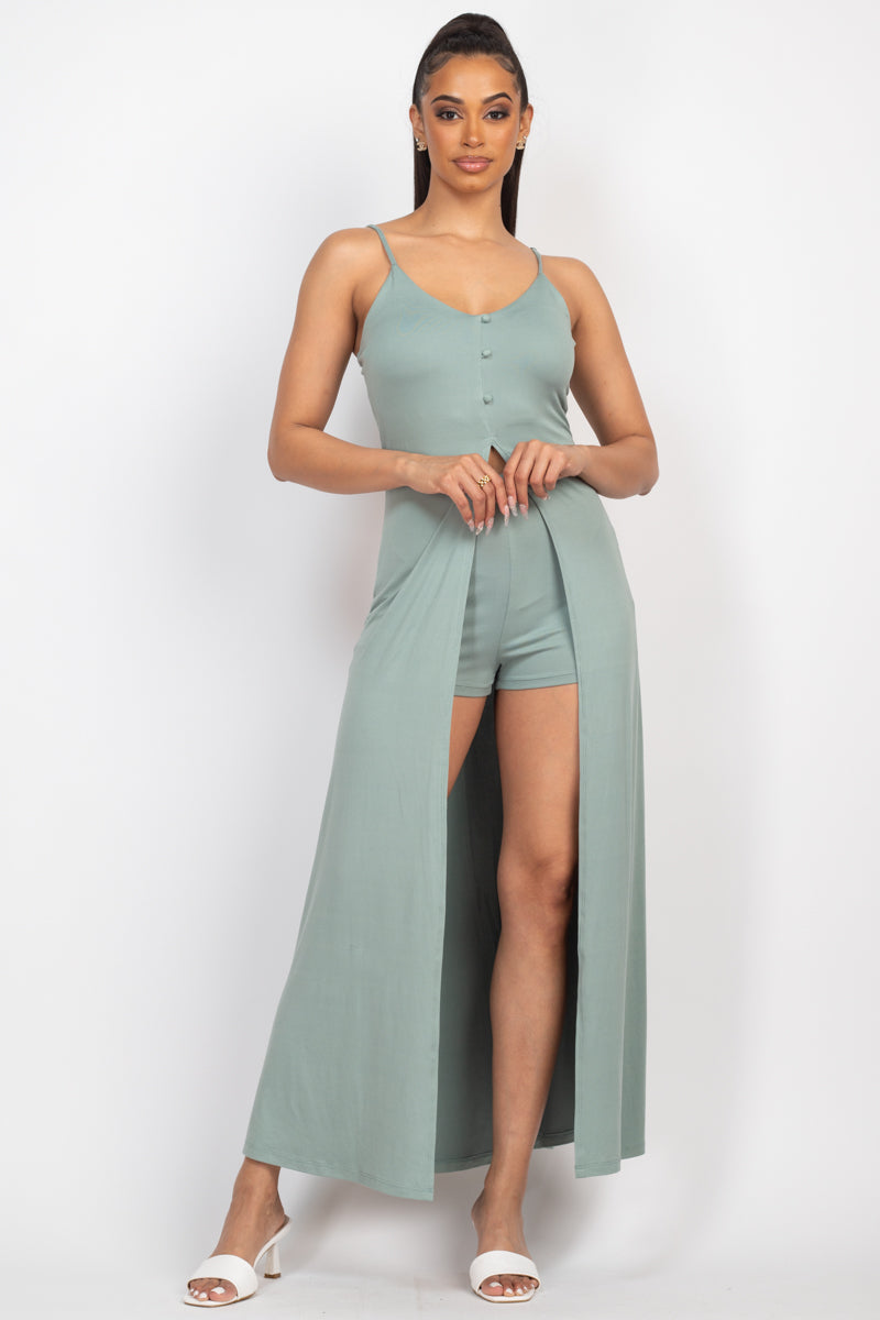 Women Scoop Neck Buttoned Full Cami Tank Sleeveless Top & Casual Mini Shorts Set