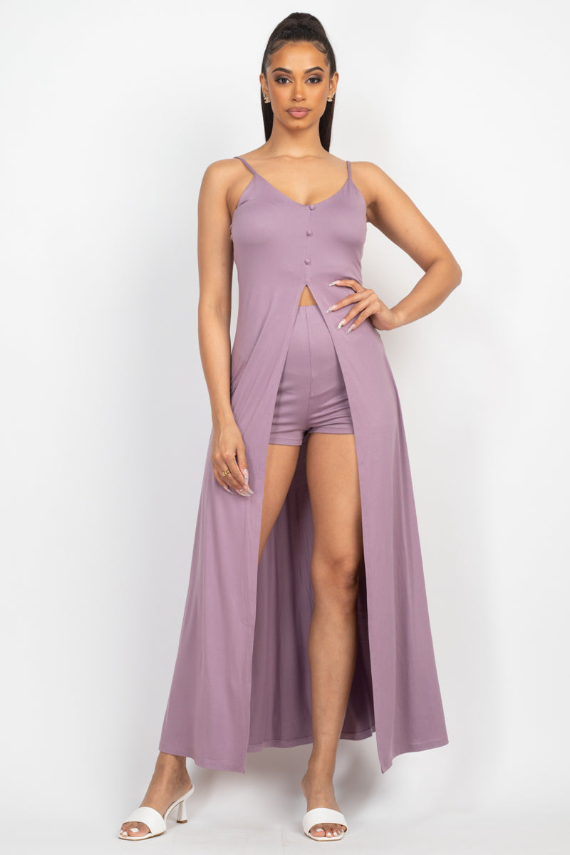 Women Scoop Neck Buttoned Full Cami Tank Sleeveless Top & Casual Mini Shorts Set