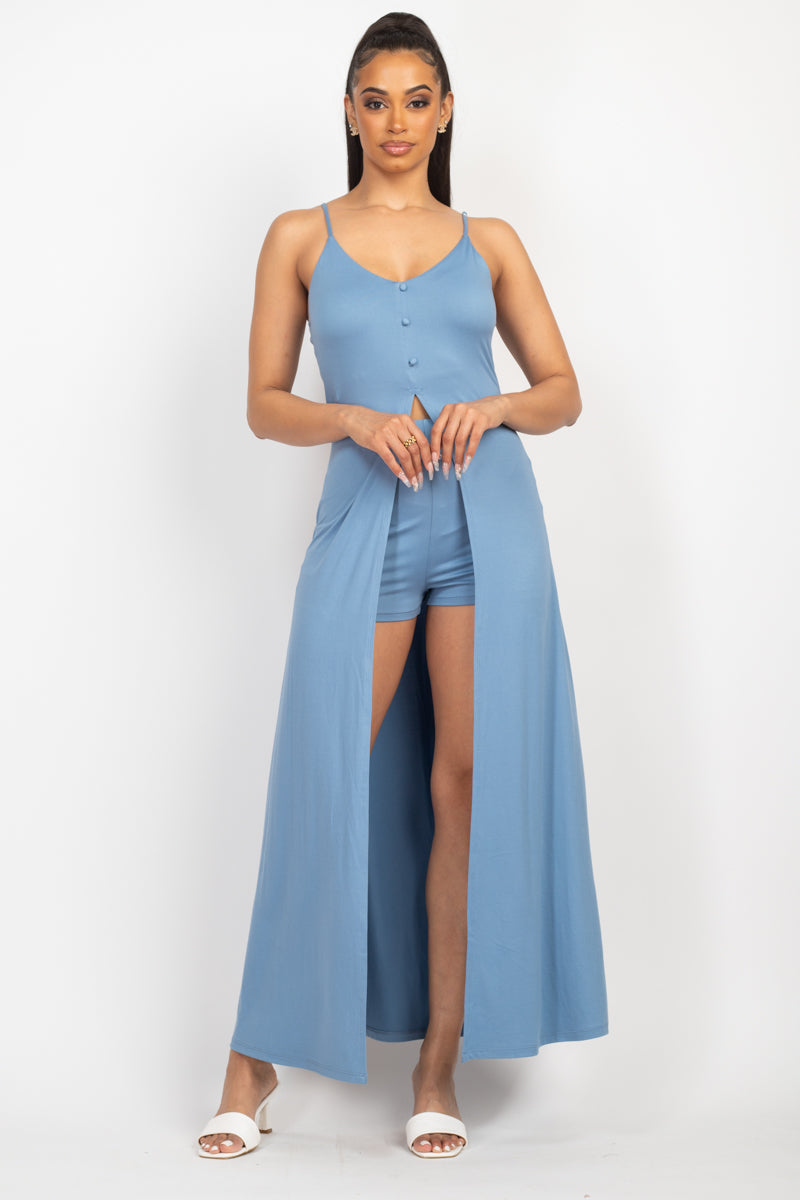 Women Scoop Neck Buttoned Full Cami Tank Sleeveless Top & Casual Mini Shorts Set