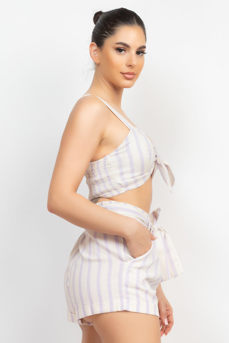 Women's Tie-front Striped Crop Tank Top & Belted Shorts Pajama Set Biker Wear