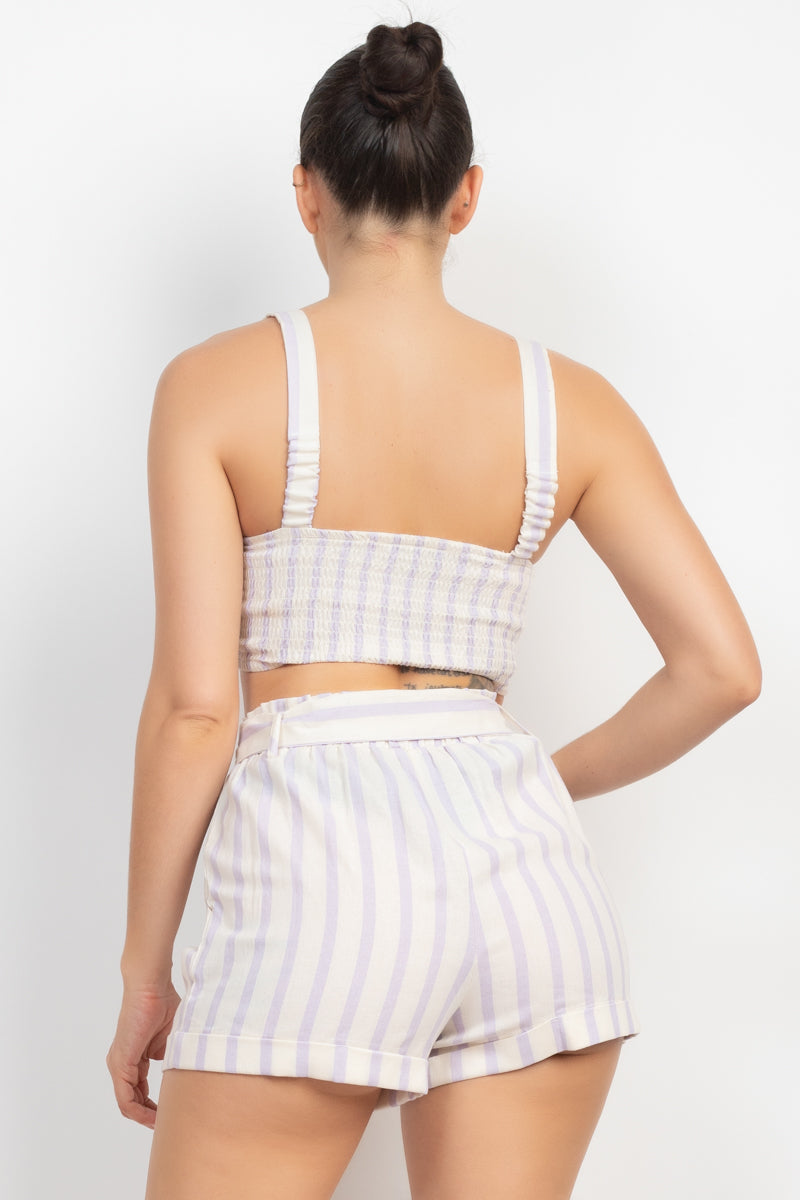 Women's Tie-front Striped Crop Tank Top & Belted Shorts Pajama Set Biker Wear