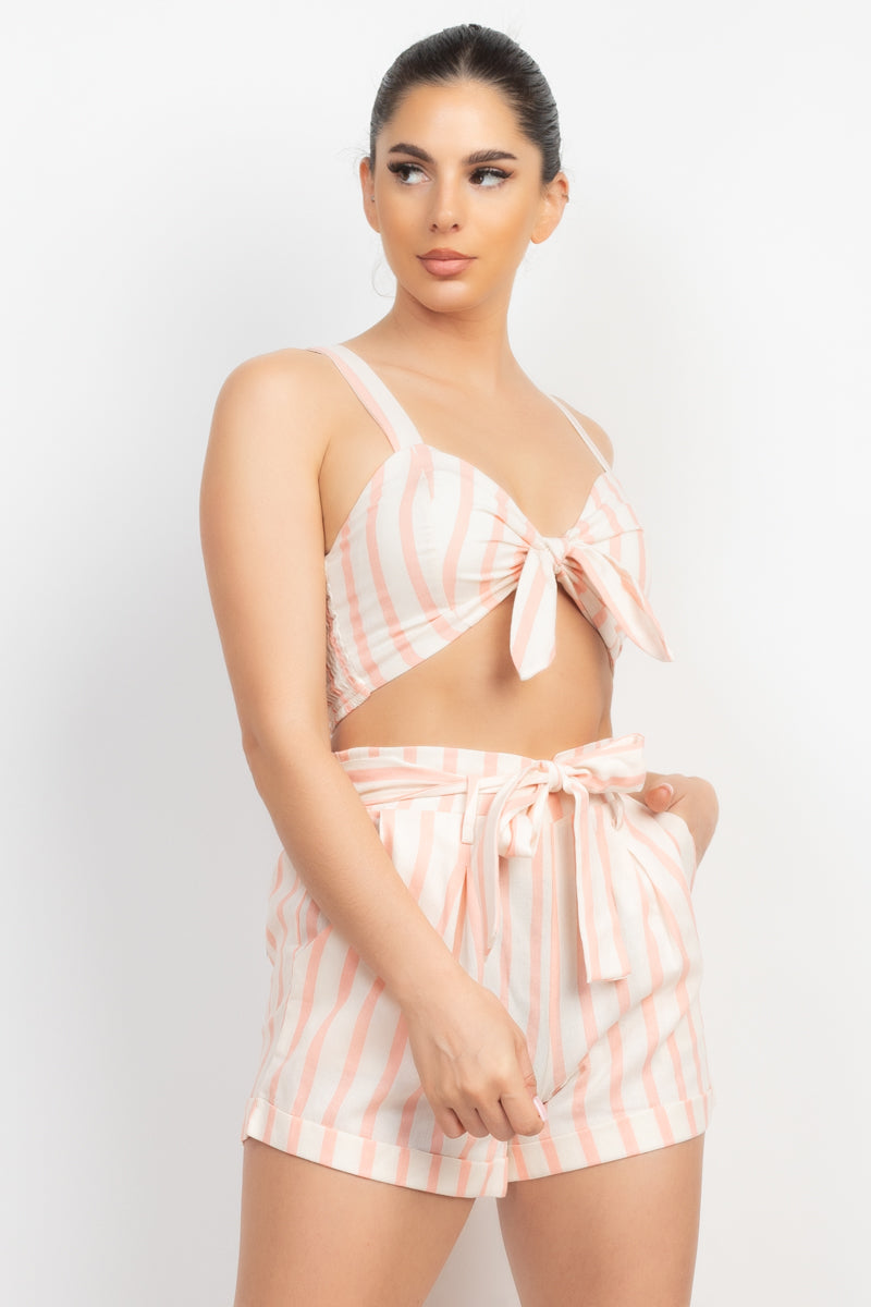 Women's Tie-front Striped Crop Tank Top & Belted Shorts Pajama Set Biker Wear