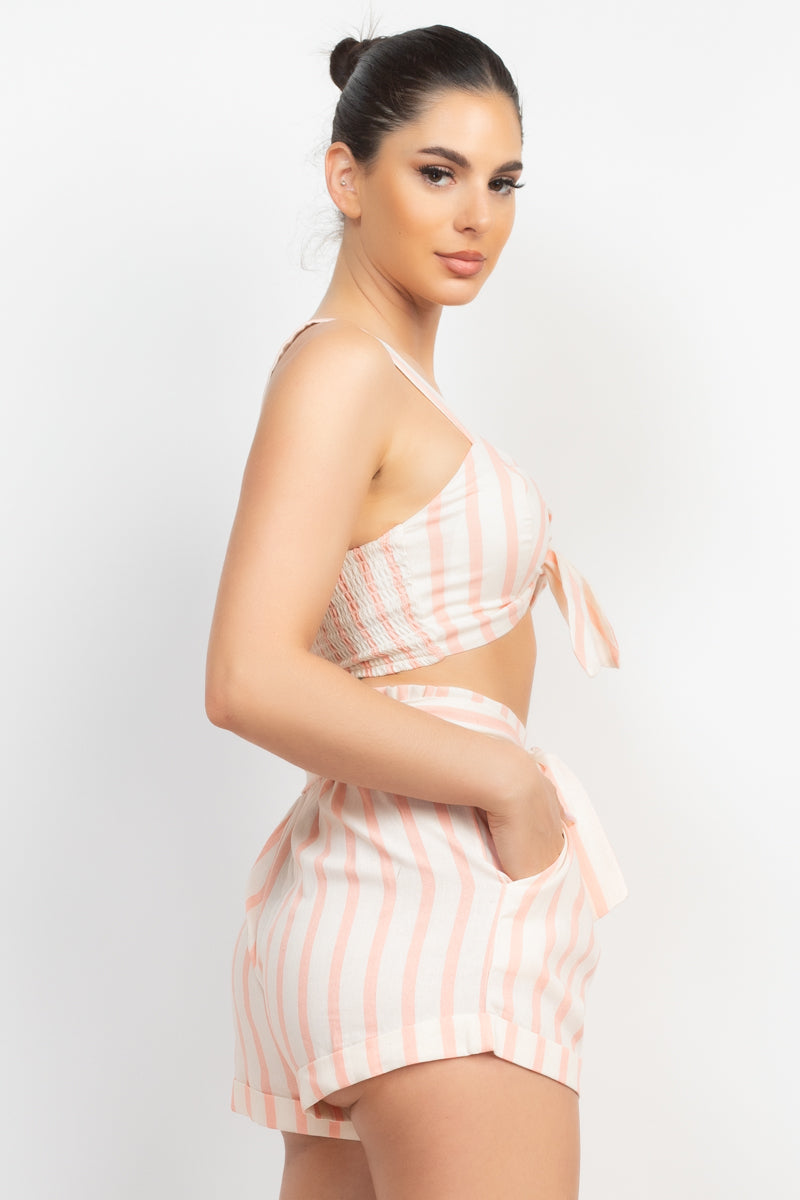 Women's Tie-front Striped Crop Tank Top & Belted Shorts Pajama Set Biker Wear