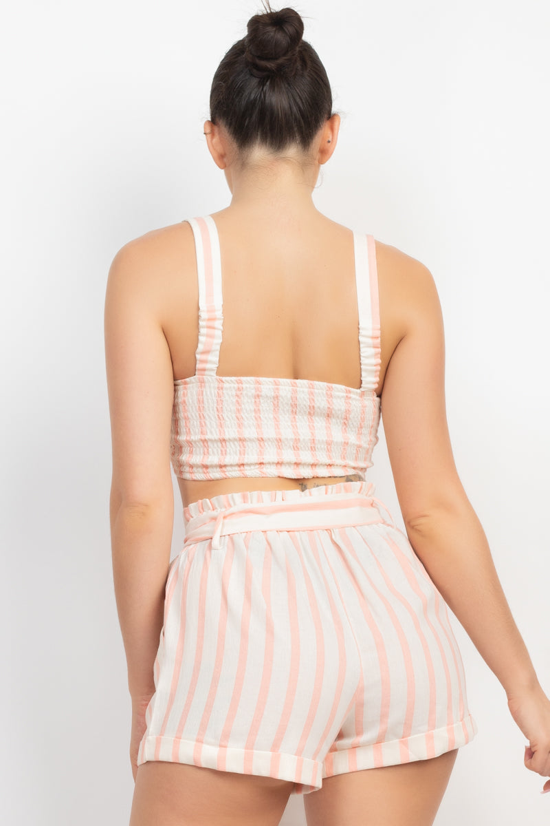 Women's Tie-front Striped Crop Tank Top & Belted Shorts Pajama Set Biker Wear