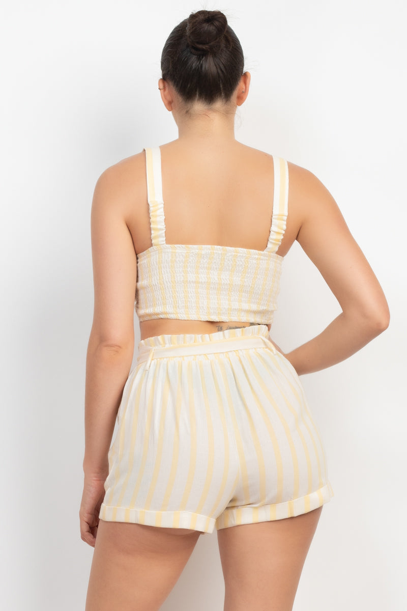 Women's Tie-front Striped Crop Tank Top & Belted Shorts Pajama Set Biker Wear