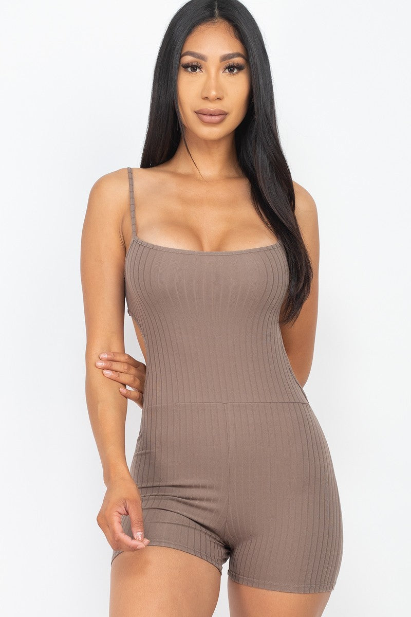 Women's Ribbed Bodycon Active Romper Cami Strap Back Cutout Stretch Sleeveless