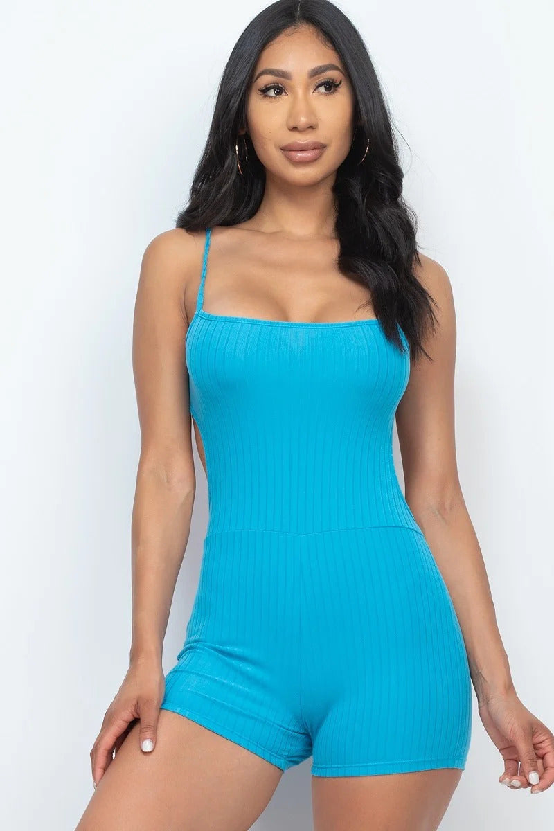 Women's Ribbed Bodycon Active Romper Cami Strap Back Cutout Stretch Sleeveless