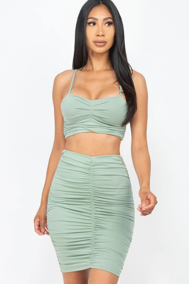 Women's Ruched Tank Sleeveless Stretch Spaghetti Straps Crop Top & Skirt Sets