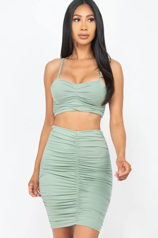 Women's Ruched Tank Sleeveless Stretch Spaghetti Straps Crop Top & Skirt Sets