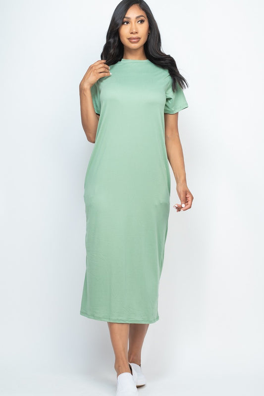 Women Short Sleeve T Shirt Side Pocket Soft Stretchy Tee Maxi Dress - Green Bay