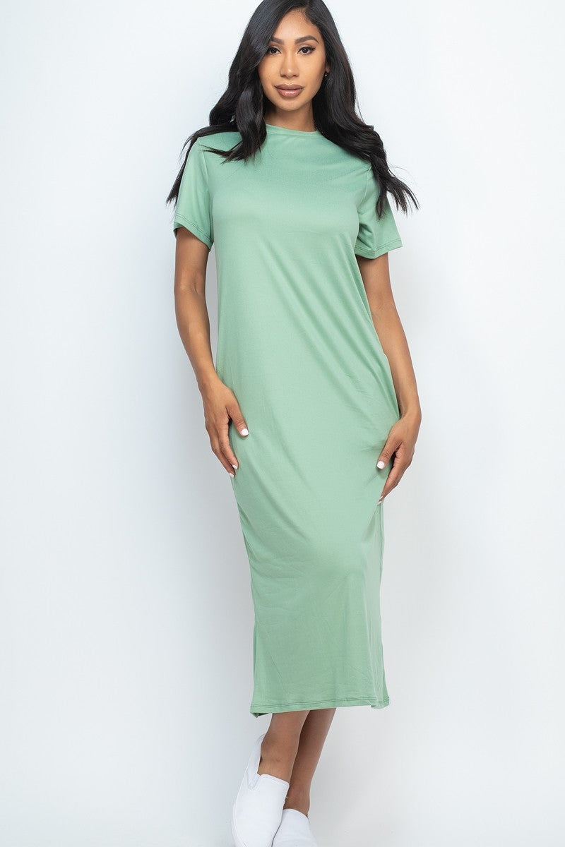 Women Short Sleeve T Shirt Side Pocket Soft Stretchy Tee Maxi Dress - Green Bay
