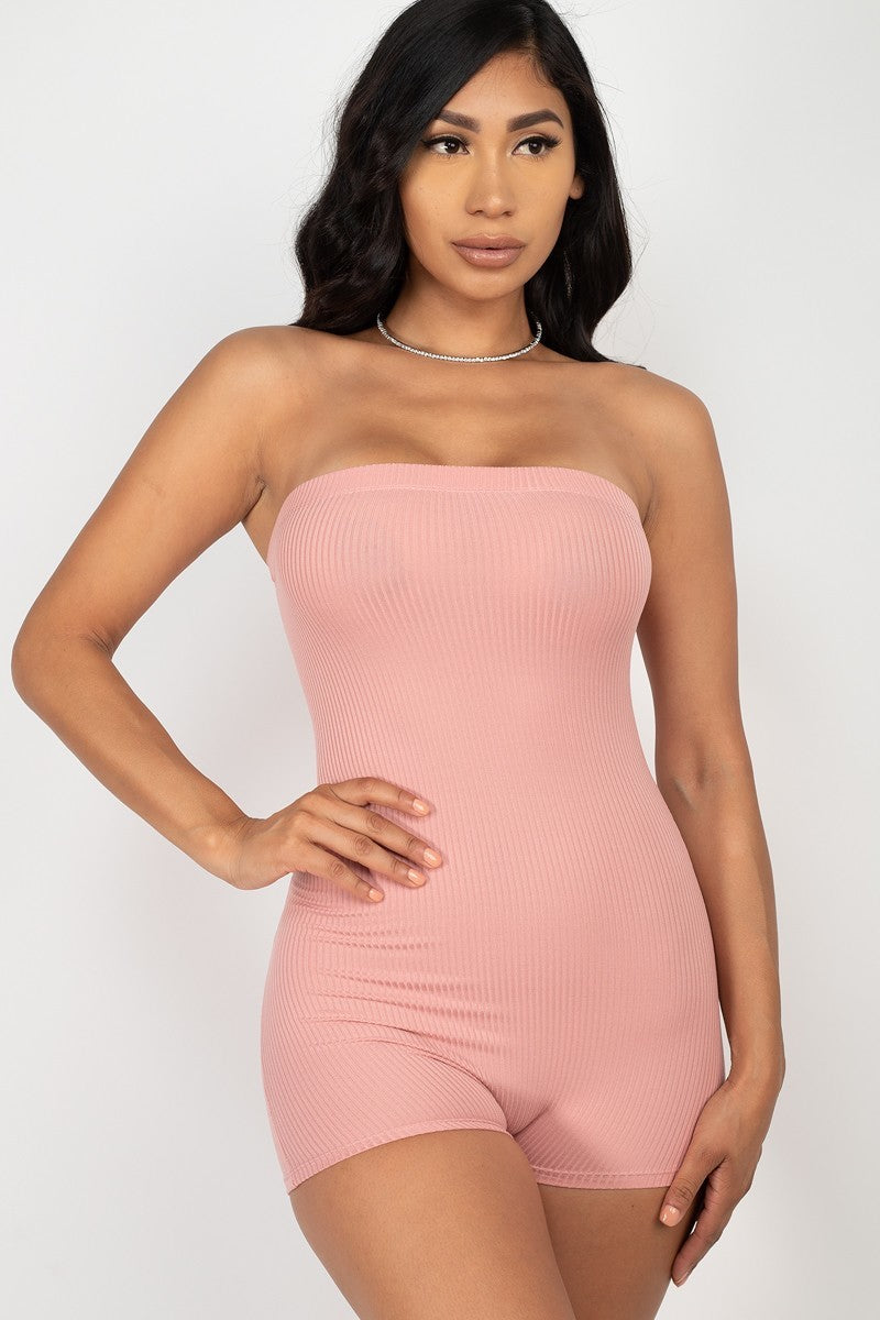 Women's Romper Fitted Tube Top Strapless Casual Party Stretch Ribbed Bodycon