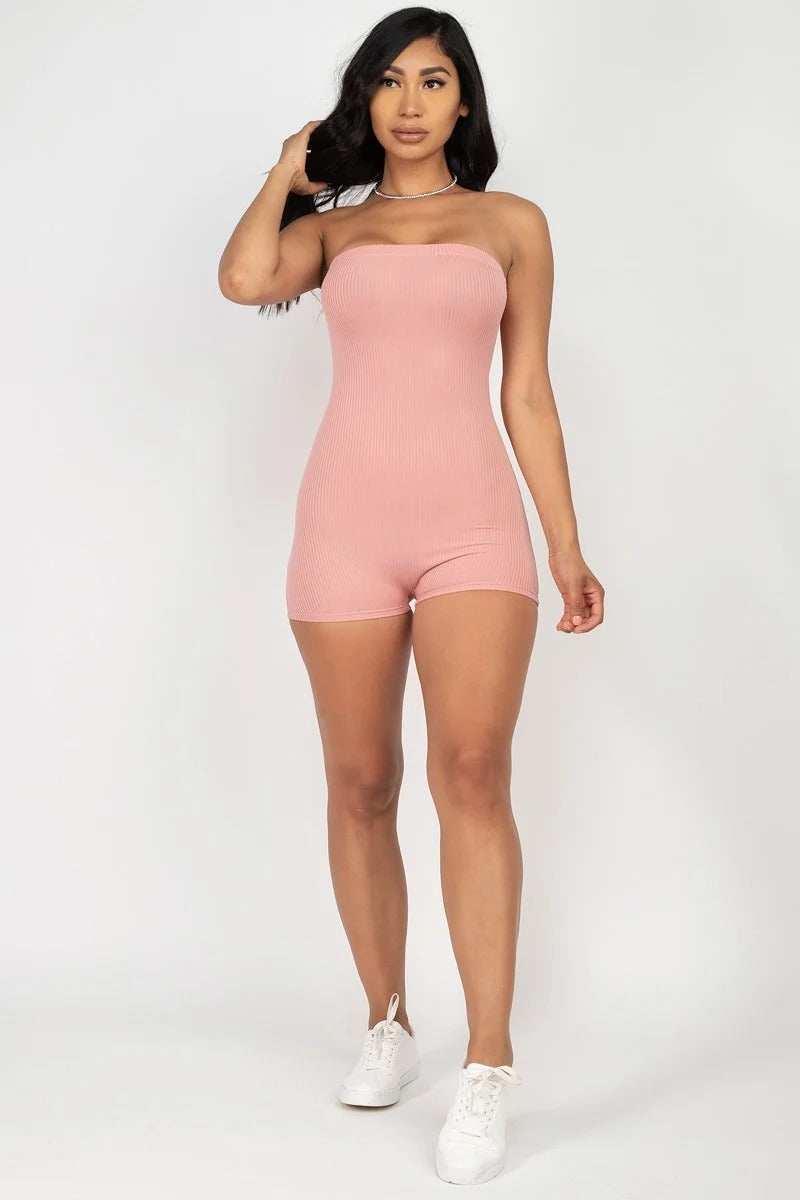 Women's Romper Fitted Tube Top Strapless Casual Party Stretch Ribbed Bodycon
