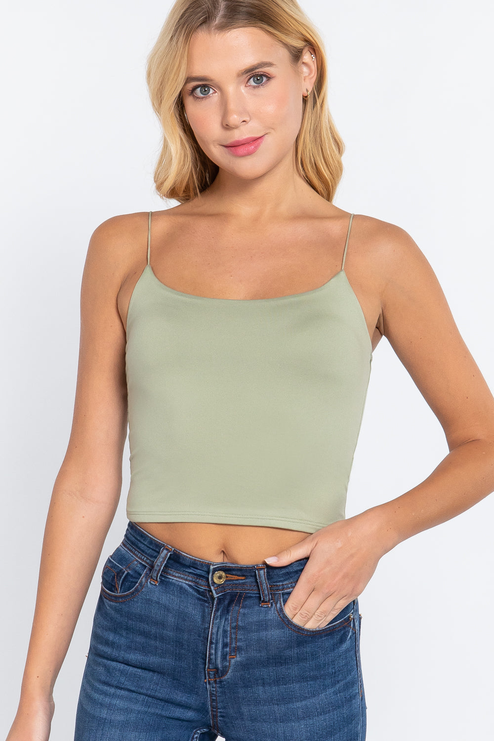 Women's Elastic Spaghetti Strap Crop Top Lined Soft Stretch Knit Cami Tank