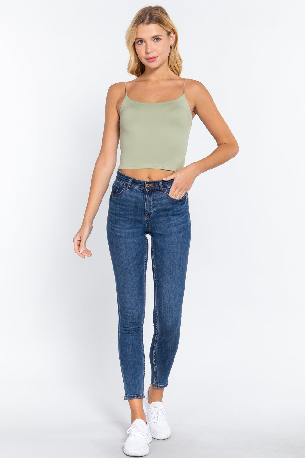 Women's Elastic Spaghetti Strap Crop Top Lined Soft Stretch Knit Cami Tank