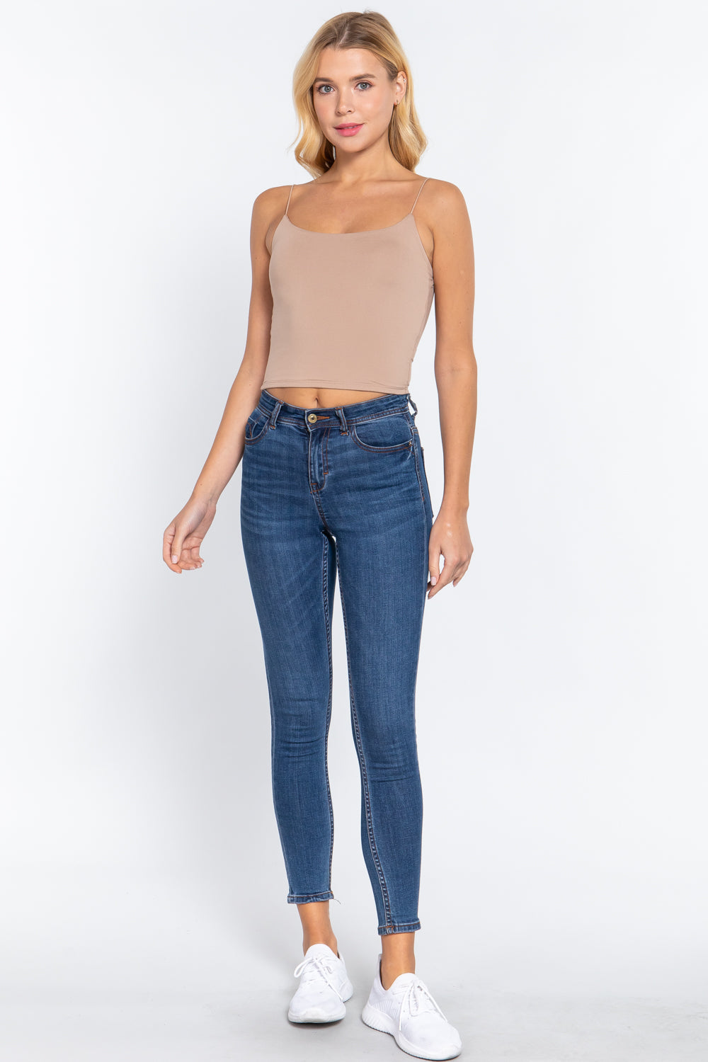 Women's Elastic Spaghetti Strap Crop Top Lined Soft Stretch Knit Cami Tank