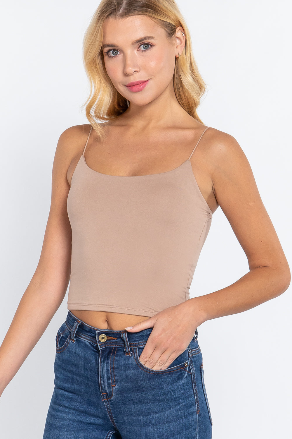 Women's Elastic Spaghetti Strap Crop Top Lined Soft Stretch Knit Cami Tank
