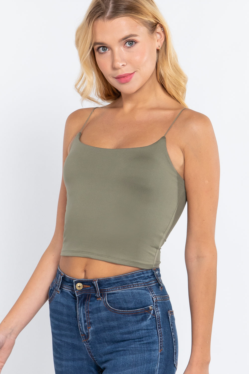 Women's Elastic Spaghetti Strap Crop Top Lined Soft Stretch Knit Cami Tank