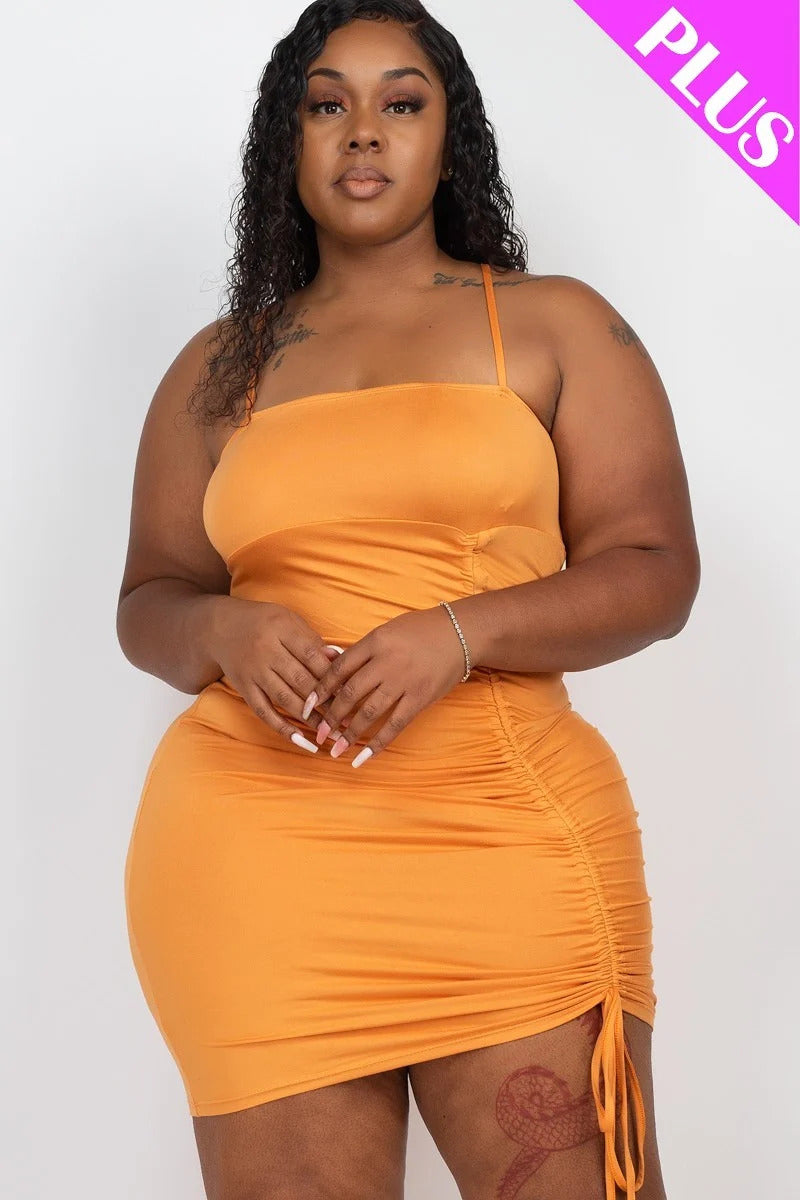 Women Plus Ruched Cami Front Curvy Mini Dress Sleeveless Stretch Tank (1X,2X,3X)