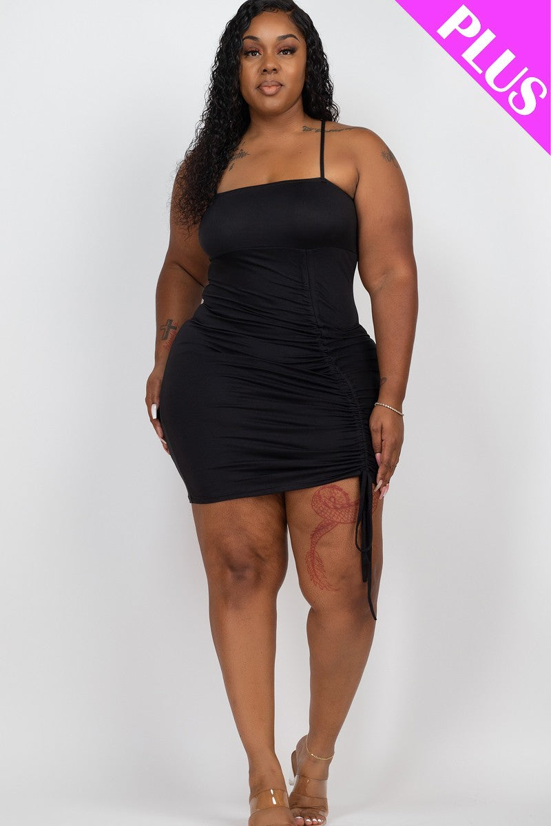 Women Plus Ruched Cami Front Curvy Mini Dress Sleeveless Stretch Tank (1X,2X,3X)