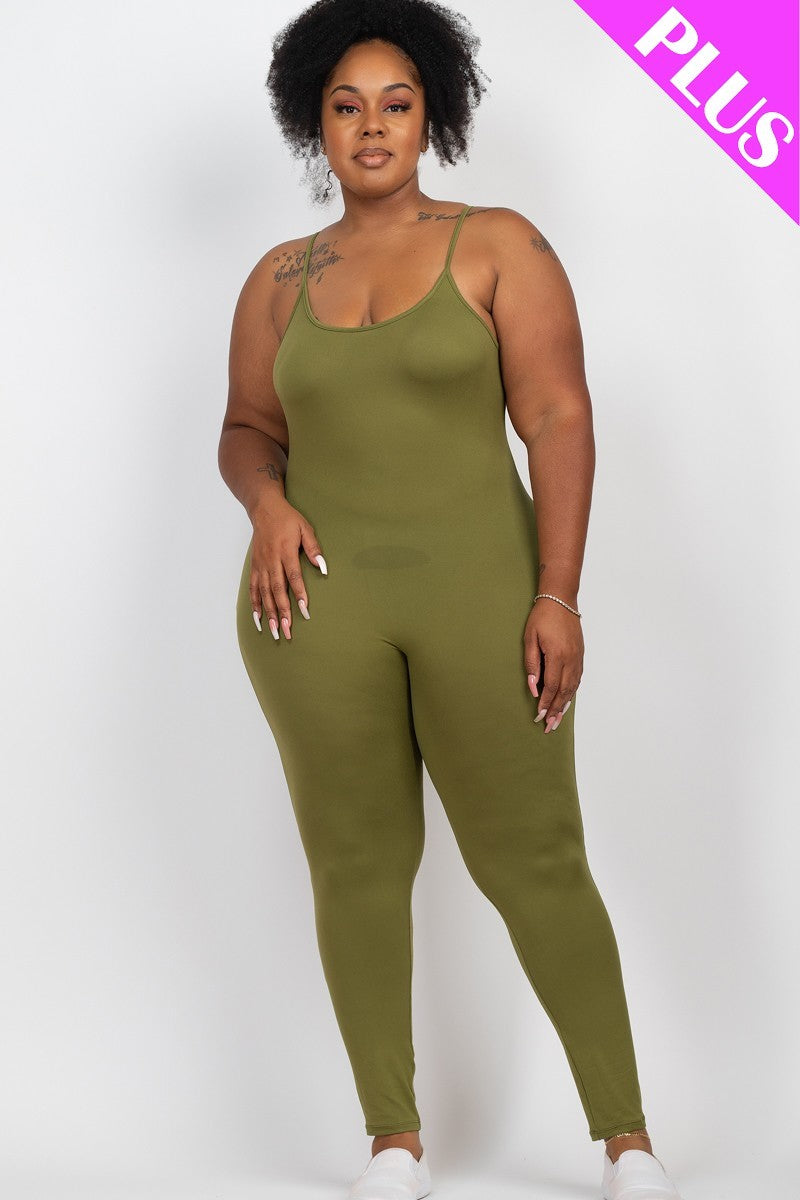 Women Plus Scoop Neck Bodycon Cami Jumpsuit Sleeveless Yoga Lounge (1X,2X,3X)