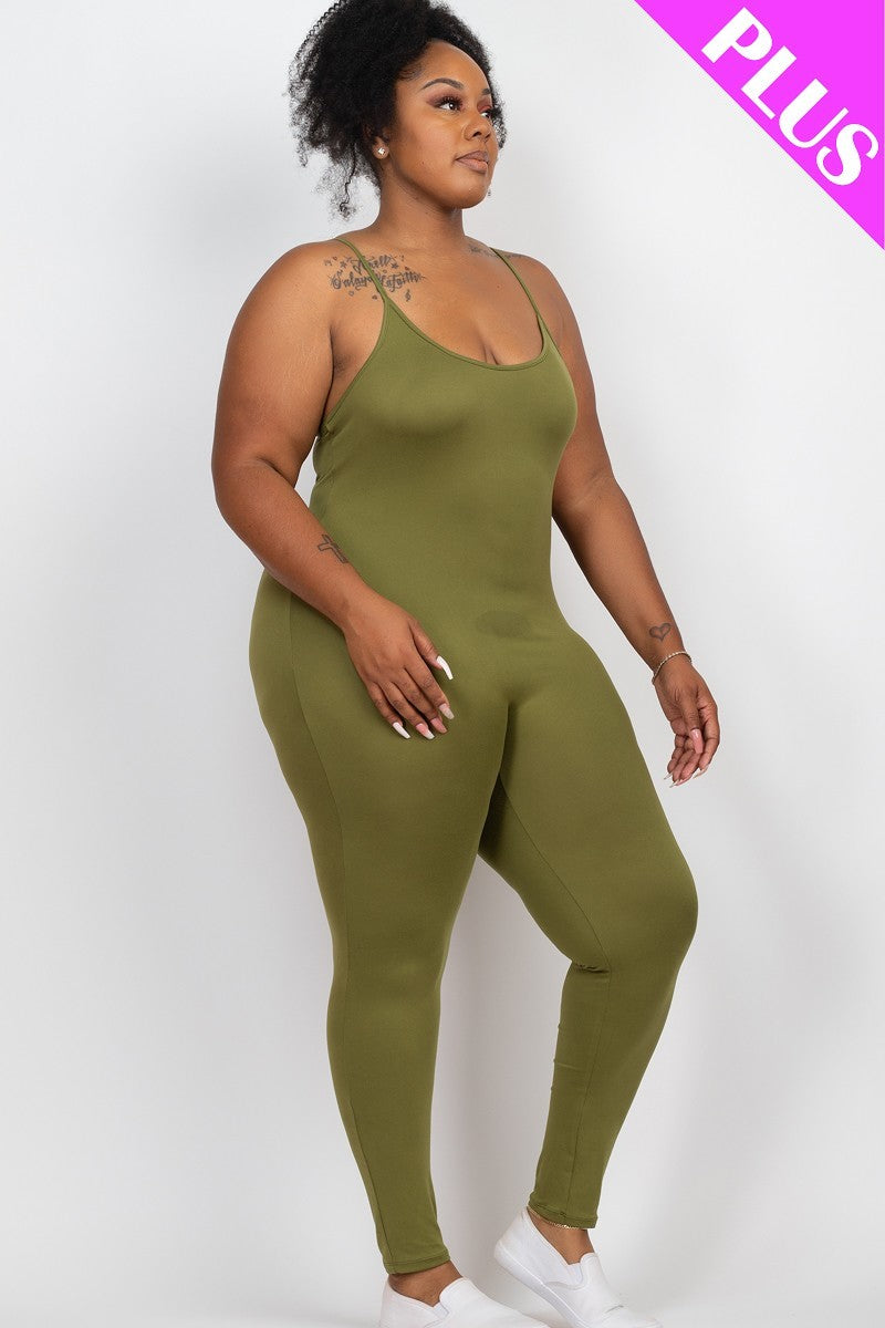 Women Plus Scoop Neck Bodycon Cami Jumpsuit Sleeveless Yoga Lounge (1X,2X,3X)