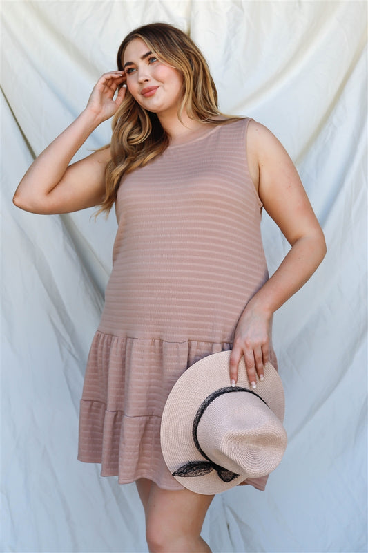 Women Round Neck Textured Mini Dress Ruffle Hem Open Back Tank Top (1X,2X,3X)