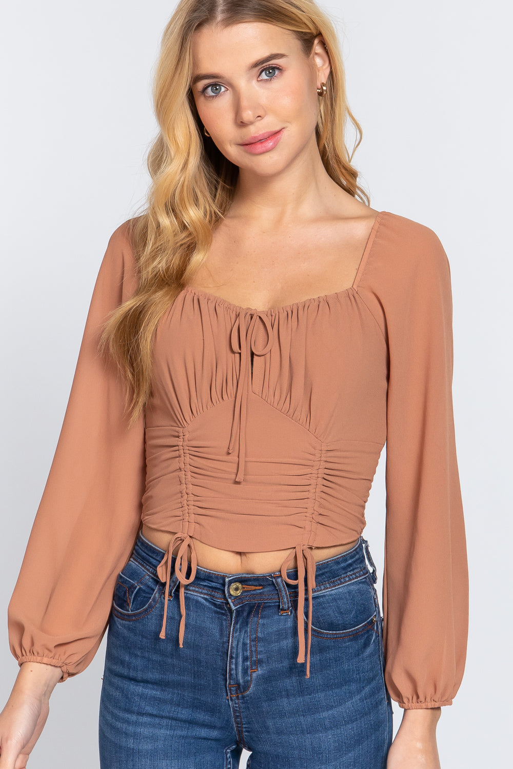 Women's Sweetheart neck Front Tied Ruched Woven Top Long Sleeve Soft Crop Shirt