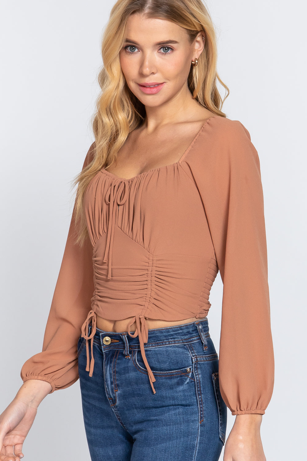 Women's Sweetheart neck Front Tied Ruched Woven Top Long Sleeve Soft Crop Shirt