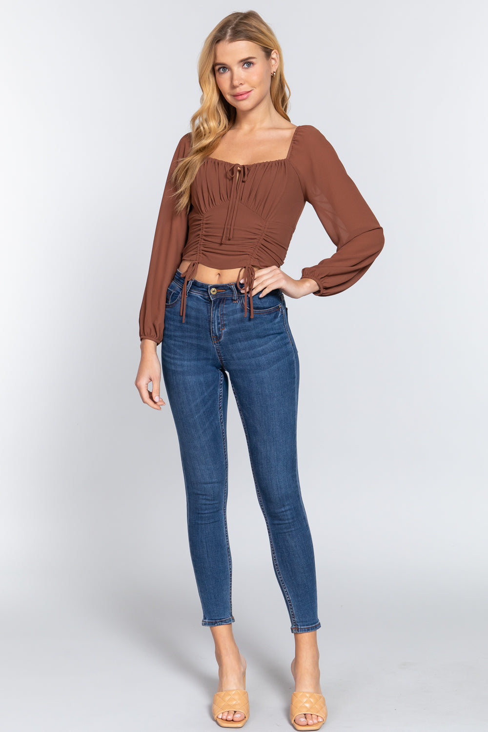 Women's Sweetheart neck Front Tied Ruched Woven Top Long Sleeve Soft Crop Shirt
