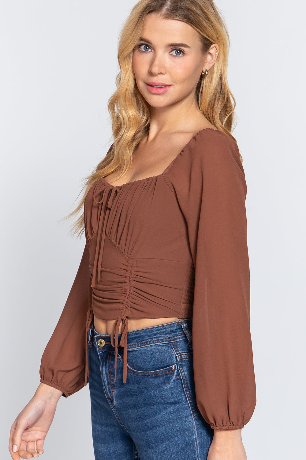 Women's Sweetheart neck Front Tied Ruched Woven Top Long Sleeve Soft Crop Shirt