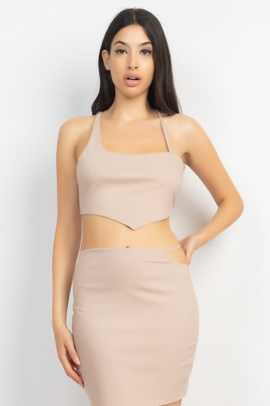 Women's Scoop Neck Crossed Back Top & Mini Skirts Set Sleeveless Cropped Tank
