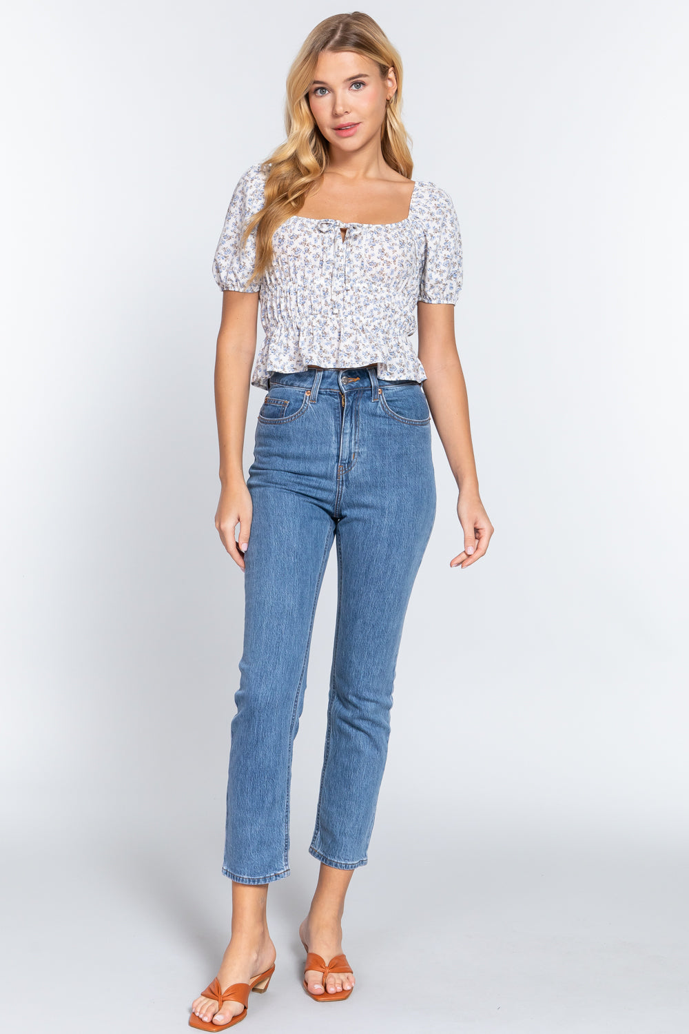 Women's Square Neck Shirring Floral Print Woven Top T-Shirt Short Sleeve Tee