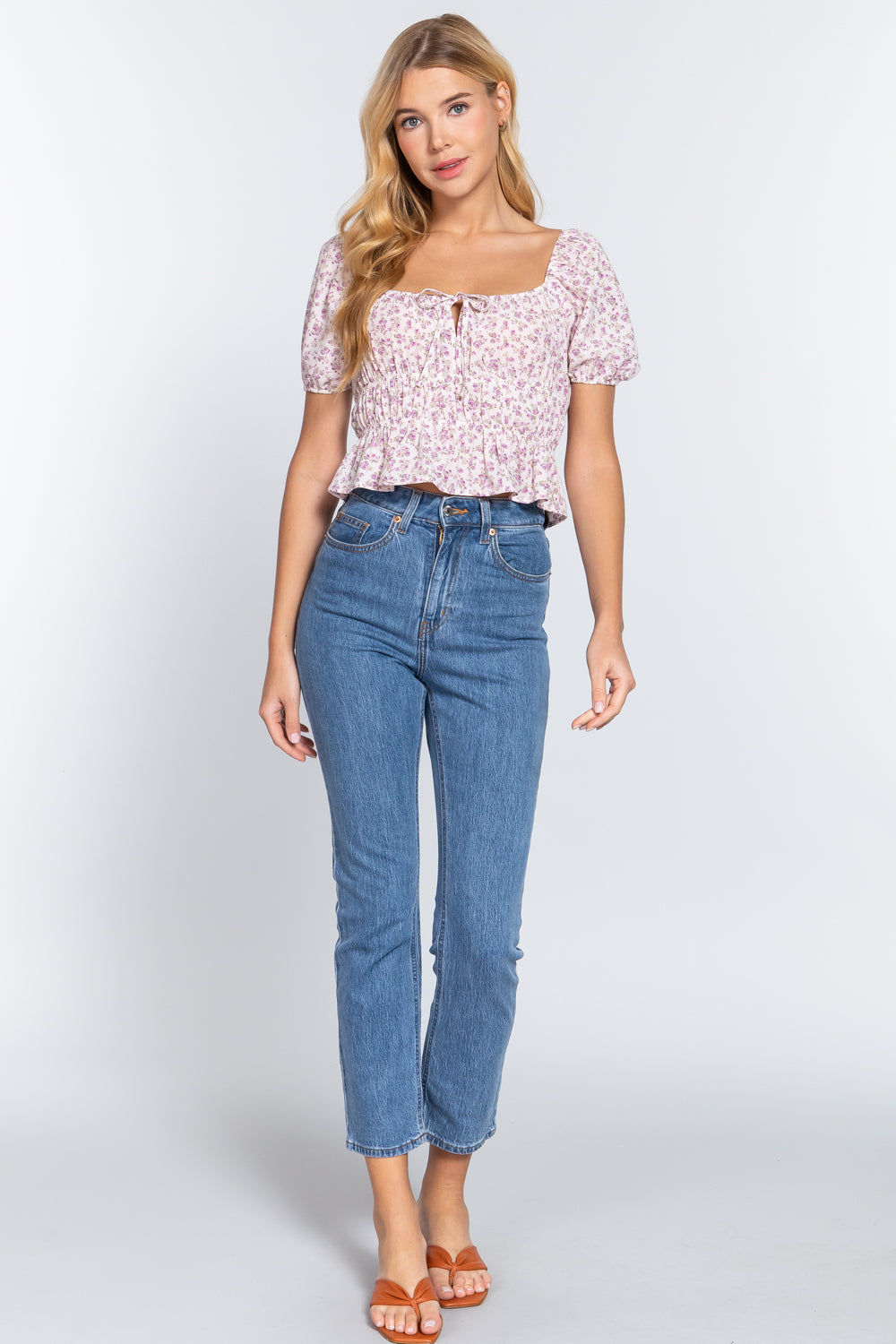 Women's Square Neck Shirring Floral Print Woven Top T-Shirt Short Sleeve Tee