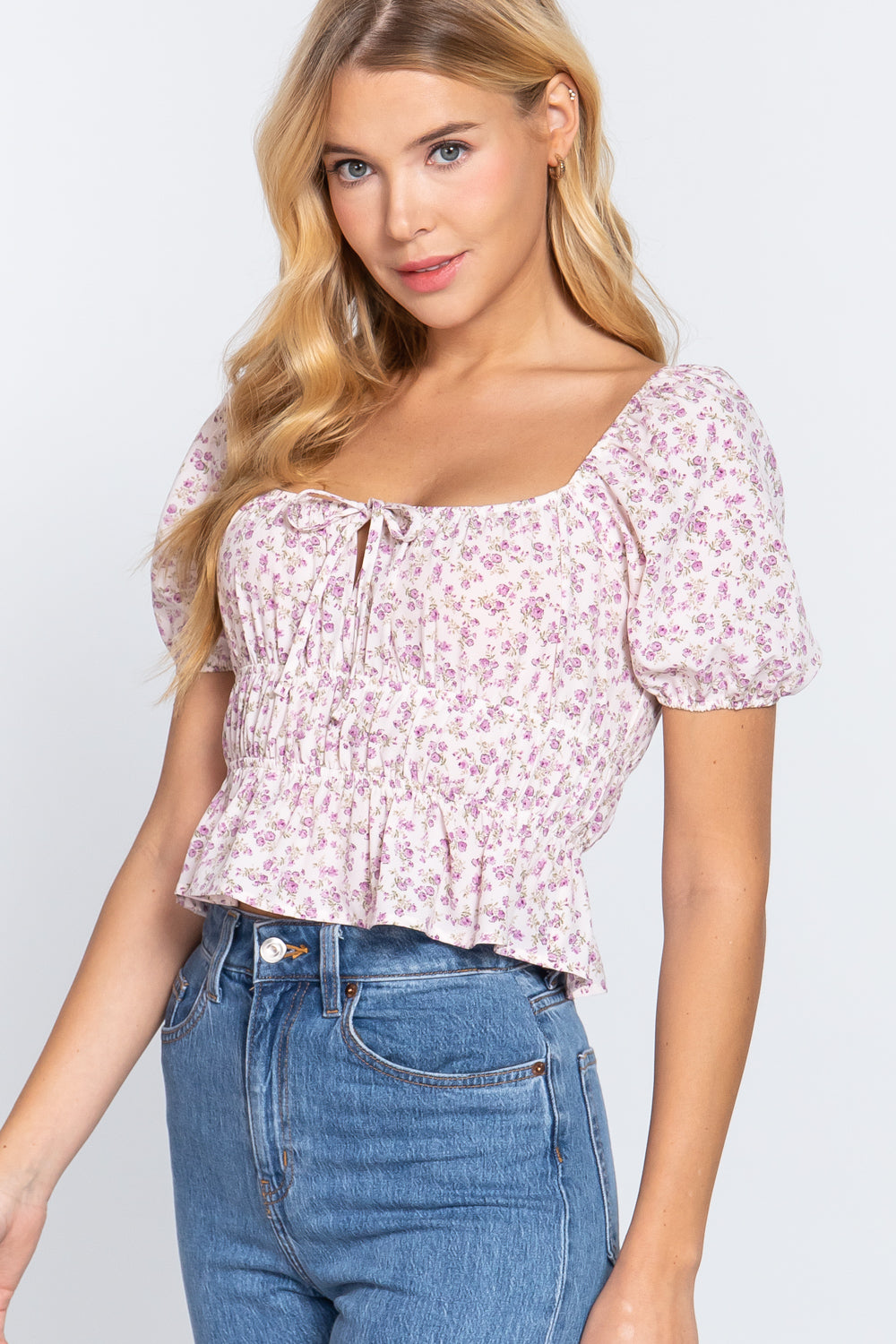 Women's Square Neck Shirring Floral Print Woven Top T-Shirt Short Sleeve Tee