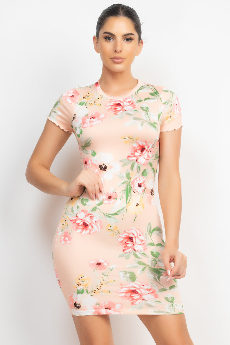 Women's Round Neck Bodycon Mini T-Shirt Dress Short Sleeve Floral Print Stretchy