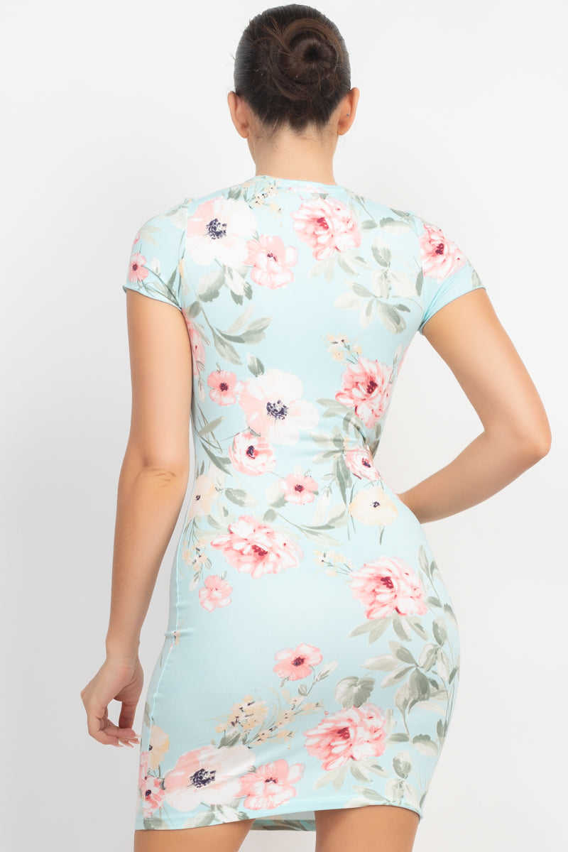 Women's Round Neck Bodycon Mini T-Shirt Dress Short Sleeve Floral Print Stretchy