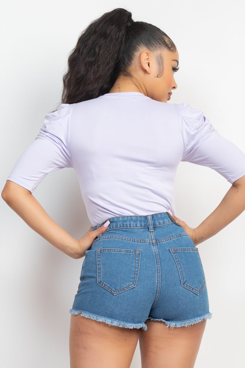 Women's Round Neck Puff Ruched Sleeve Soft Solid Top Shirt